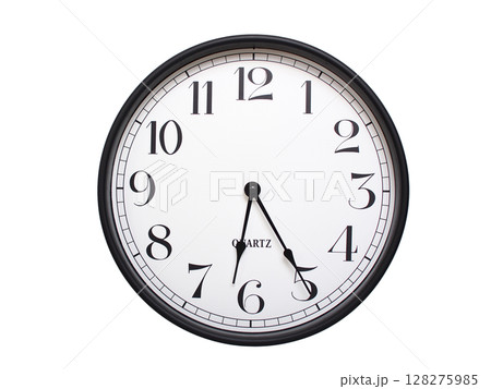 Round analog wall clock with a black frame, white face, and bold black numerals. showing  06:25 or 18:25. Isolated on a white background. Ideal for time-related themes. 128275985