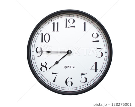 Round analog wall clock with a black frame, white face, and bold black numerals. showing 07:45 or 19:45. Isolated on a white background. Ideal for time-related themes. Round analog wall clock with a black frame, white face, and bold black numerals. showing 07:45 or 19:45. Isolated on a white background. Ideal for time-related themes. 128276001