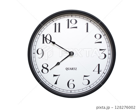 Round analog wall clock with a black frame, white face, and bold black numerals. showing  07:50 or 19:50. Isolated on a white background. Ideal for time-related themes. 128276002