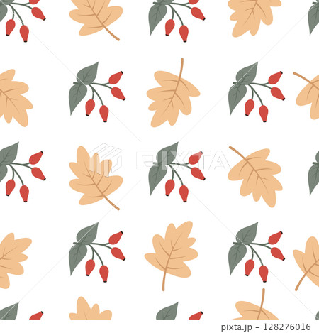 Seamless cozy autumn pattern with maple leaves, twigs and rosehip berries. Vector illustration for warm falling, printing on clothes, packaging, fabric, paper. Seamless cozy autumn pattern with maple leaves, twigs and rosehip berries. Vector illustration for warm falling, printing on clothes, packaging, fabric, paper. 128276016