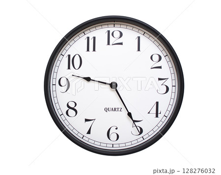 Round analog wall clock with a black frame, white face, and bold black numerals. showing  09:25 or 21:25. Isolated on a white background. Ideal for time-related themes. 128276032