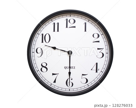 Round analog wall clock with a black frame, white face, and bold black numerals. showing  09:30 or 21:30. Isolated on a white background. Ideal for time-related themes. 128276033