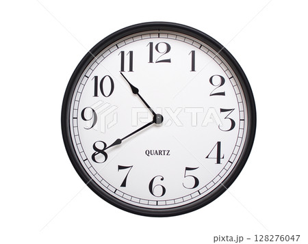 Round analog wall clock with a black frame, white face, and bold black numerals. showing 10:40 or 22:40. Isolated on a white background. Ideal for time-related themes. Round analog wall clock with a black frame, white face, and bold black numerals. showing 10:40 or 22:40. Isolated on a white background. Ideal for time-related themes. 128276047
