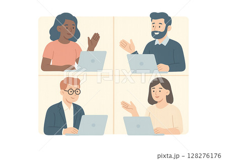 テレワーク・オンライン会議フラットイラスト（AI生成） / Flat Illustration of 128276176