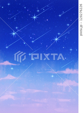 星空の背景イラスト　風景　夜空　流れ星　流星群　水彩　青 128276226
