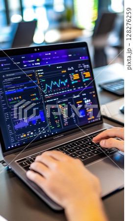 High-angle vertical view of a tech table with open laptop showing AWS or Azure Cloud Console. Data scientist 128276259