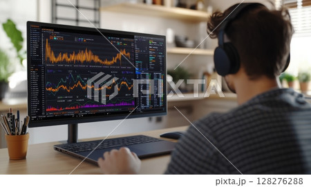 Young male student engaged in a live-streamed data science webinar at home, combining tech learning and modern living in a cozy kitchen interior. Data scientist 128276288