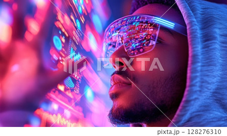 Male AI specialist in hoodie and glasses immersed in VR of 3d data visualizations with floating charts. Data scientist 128276310
