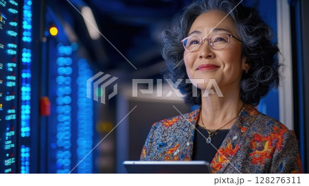 Middle-aged Asian woman data strategist focused on cloud analytics in a server room with glowing blue racks. Data scientist 128276311