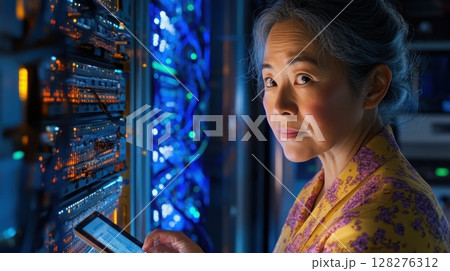 Middle-aged Asian woman reviewing cloud analytics in server room with glowing racks. Data scientist 128276312