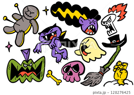 Colorful Halloween themed illustrations featuring spooky characters like ghosts, monsters Colorful Halloween themed illustrations featuring spooky characters like ghosts, monsters 128276425
