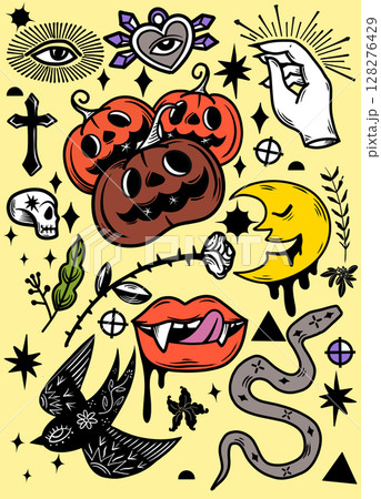 Spooky Halloween themed illustrations featuring pumpkins, skulls, and mystical symbols evoke 128276429
