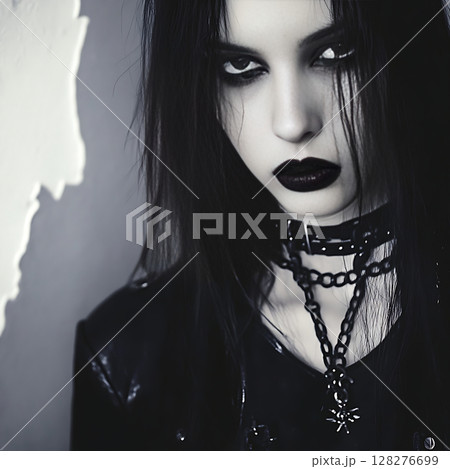 黒リップのゴシック女性ポートレート 黒リップのゴシック女性ポートレート 128276699