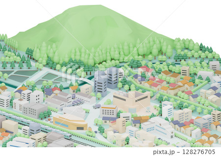生活を感じさせる山のある街並み2(透過背景) 生活を感じさせる山のある街並み2(透過背景) 128276705