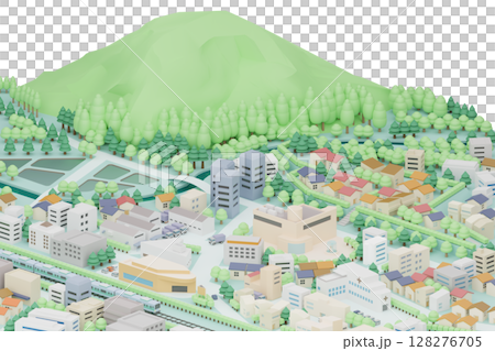 生活を感じさせる山のある街並み2(透過背景) 生活を感じさせる山のある街並み2(透過背景) 128276705