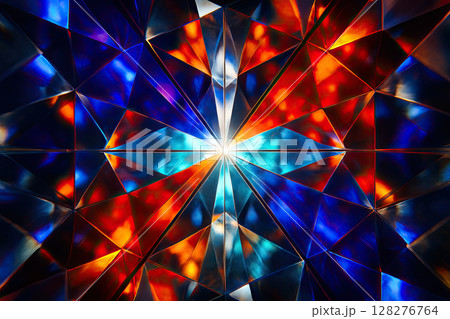 Explosive Kaleidoscopic Prism Burst of Radiant Blue and Amber Facets Converging at Center 128276764