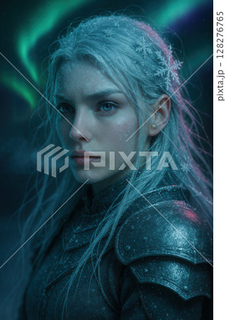 Snow-Dusted Aurora Warrior Maiden in Silver Armor Beneath Northern Lights 128276765