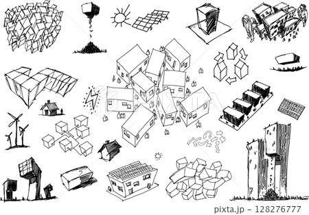 hand drawn architectural sketches of urban ideas and city structures and parts of the city and architecture and fantastic buildings and photovoltics and alternative energy ideas 128276777