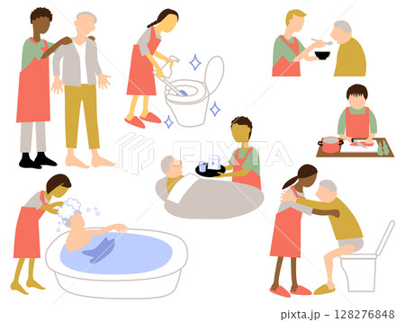高齢者を介護する多国籍のホームヘルパーのイラストセット 128276848