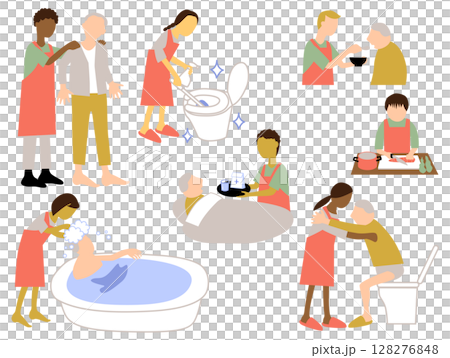 Illustration set of multinational home helpers caring for the elderly 128276848