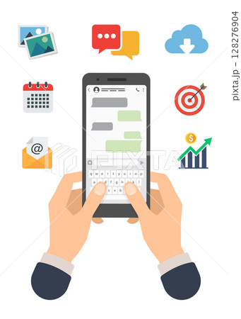 Hand holding phone with app for messenger chat. Vector illustration. Stock Illustration 128276904