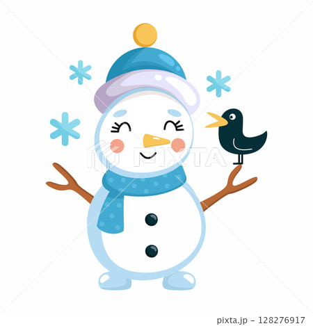 Funny cute snowman and snowflakes. Illustration on white background. postcard decoration element. Funny cute snowman and snowflakes. Illustration on white background. postcard decoration element. 128276917