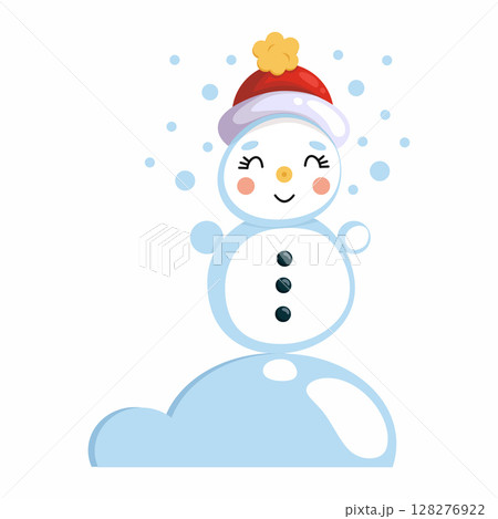 Funny cute snowman and snowdrift. Illustration on white background. postcard decoration element. 128276922