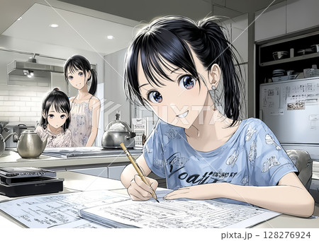 リビングダイニングで宿題をする小学生と見守る母親のイラスト素材 128276924