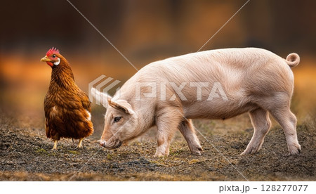 Charming Farmyard Duo An Endearing Pig and Hen Frolicking in a Rustic, Sunlit Barnyard, Capturing the Innocence and Joy of Country Life. Charming Farmyard Duo An Endearing Pig and Hen Frolicking in a Rustic, Sunlit Barnyard, Capturing the Innocence and Joy of Country Life. 128277077