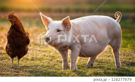 Charming Scene of an Adorable Farm Pig and Hen Amidst the Warm Hues of a Tranquil Sunset, Capturing the Peaceful Atmosphere of a Rustic Farmstead in Twilight. Charming Scene of an Adorable Farm Pig and Hen Amidst the Warm Hues of a Tranquil Sunset, Capturing the Peaceful Atmosphere of a Rustic Farmstead in Twilight. 128277079