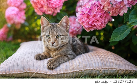 Tranquil Moments in the Pink Hydrangea Garden A Tabby Kitten Basking in Serene Blossoms, Embracing the Warmth of a Pillow amidst the Delicate Bloom 128277128