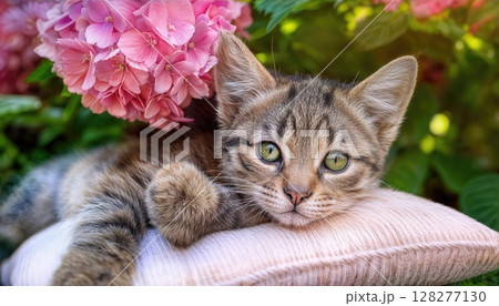 Peaceful Afternoon in a Pink Hydrangea Bush Adorable Tabby Kitten Resting on a Plush Pillow Amidst Blooming Flowers, Creating an Idyllic Garden Scene Peaceful Afternoon in a Pink Hydrangea Bush Adorable Tabby Kitten Resting on a Plush Pillow Amidst Blooming Flowers, Creating an Idyllic Garden Scene 128277130
