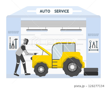 Auto service with robot mechanic working on vehicle under garage roof, technology theme 128277134