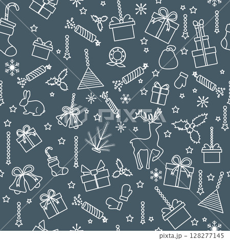 Christmas pattern with holiday elements including gifts, reindeer, and snowflakes on dark background 128277145