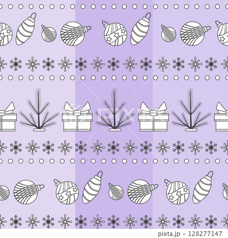 Christmas seamless pattern with ornaments, snowflakes, gifts, and pine branches on lavender background 128277147