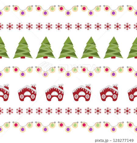 Christmas-themed pattern with trees, snowflakes, gingerbread houses, and festive lights in rows 128277149