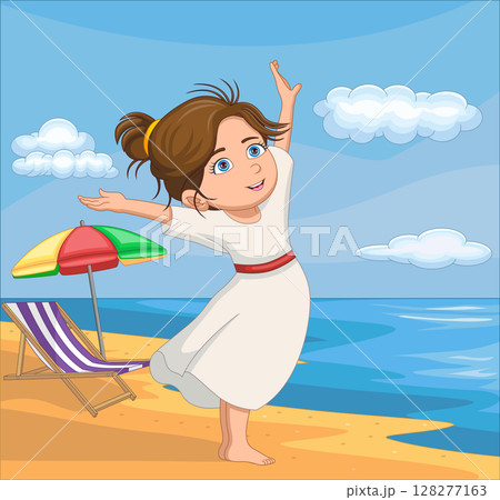 Little girl standing on the beach 128277163