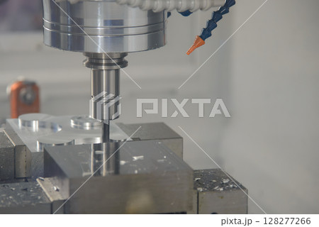 The CNC milling machine finish cut the aluminum parts with flat nose end mill tool. 128277266