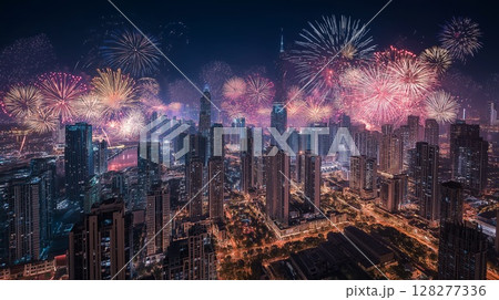 高層ビル群を見下ろす夜景と花火 128277336