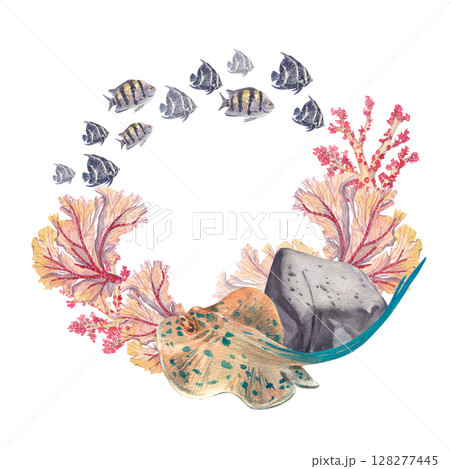 Coral reef frame with tropical fish, stingray, stones, and sea plants. Hand-painted watercolor illustration. Marine wildlife theme with underwater scenery. Ideal for invitations, prints, and branding. 128277445