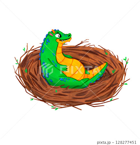 Cute green baby dragon resting in a nest made of twigs. Hand-drawn watercolor illustration. A cheerful dragon child. Fantasy and fairy tale theme. Perfect for children's books, games, and prints. 128277451