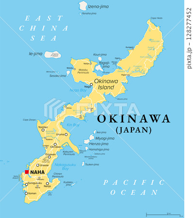 Okinawa Island, Japan, political map. One of the five main islands of Japan, and largest of the Okinawa Islands and the Ryukyu islands in the Kyushu region, with the capital Naha. Illustration. Vector 128277452