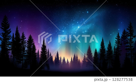 A vivid night sky filled with stars and colorful aurora above a dense forest of silhouetted pine trees 128277538