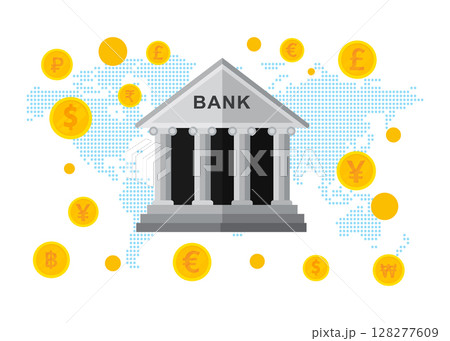 Central bank and different digital currency coins, as well as various money icons. Stock illustration 128277609