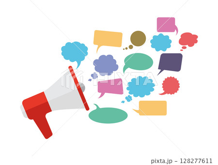 Hand holding a megaphone or bullhorn with word balloon vector illustration. stock illustration 128277611