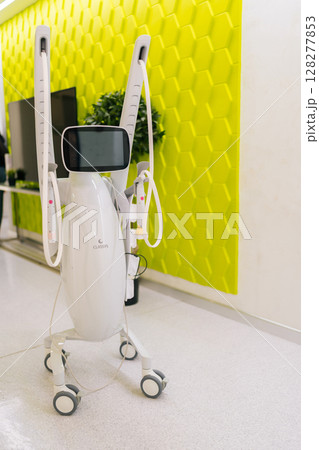 Ufa, Russia - 10 April 2025. Vertical shot of professional cosmetology device for mesotherapy treatment placing in modern beauty clinic. Concept of non-surgery cosmetology, professional skincare. Ufa, Russia - 10 April 2025. Vertical shot of professional cosmetology device for mesotherapy treatment placing in modern beauty clinic. Concept of non-surgery cosmetology, professional skincare. 128277853