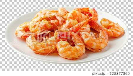 Fried shrimp on white plate isolated on white background PNG transparent clipart. 128277869