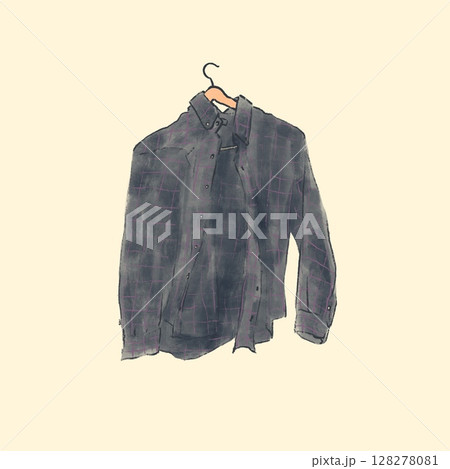雑に掛けられたハンガーとチェックのシャツ 128278081