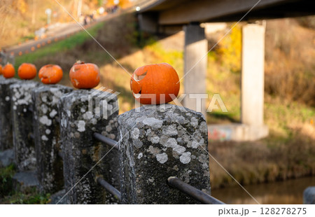 Carved Halloween pumpkins on stone fence along bridge in autumn landscape 128278275