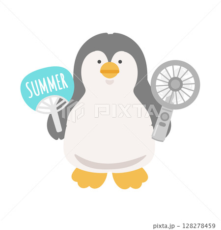 ハンディファンとうちわを持つペンギン 熱中症対策 イラスト ハンディファンとうちわを持つペンギン 熱中症対策 イラスト 128278459